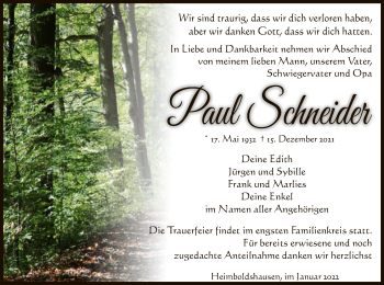 Traueranzeige von Paul Schneider von HZ