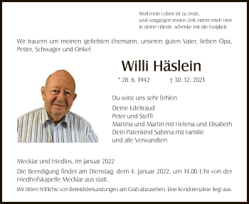 Traueranzeige von Willi Häslein von HZ