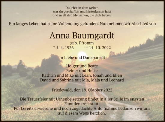 Traueranzeige von Anna Baumgardt von HZ