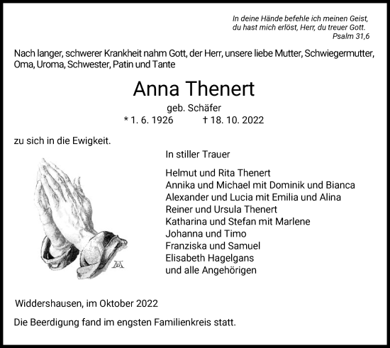 Traueranzeige von Anna Thenert von HZ