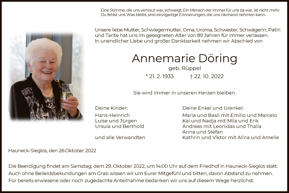  Traueranzeige für Annemarie Döring vom 26.10.2022 aus HZ