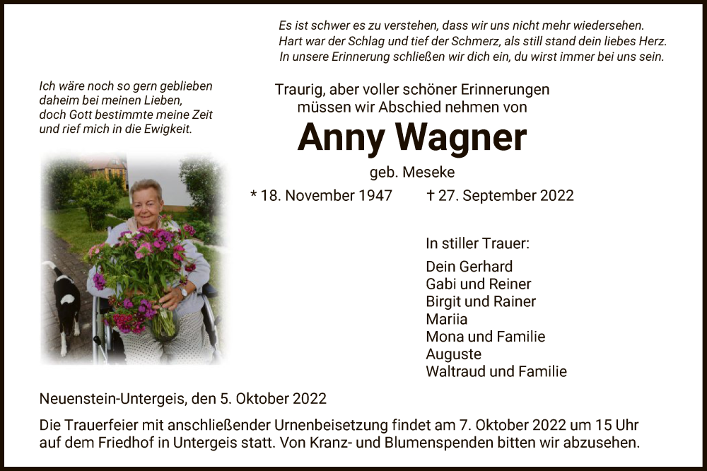  Traueranzeige für Anny Wagner vom 05.10.2022 aus HZ