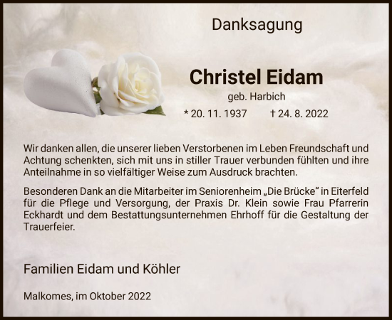 Traueranzeige von Christel Eidam von HZ