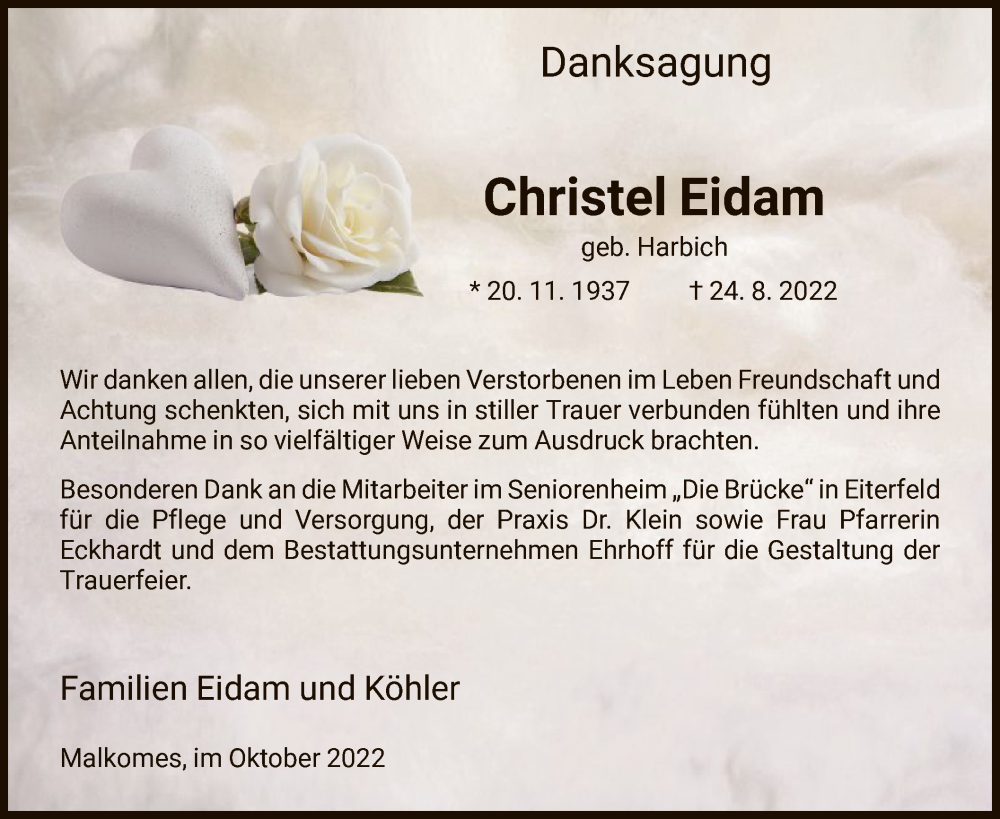 Traueranzeige für Christel Eidam vom 15.10.2022 aus HZ
