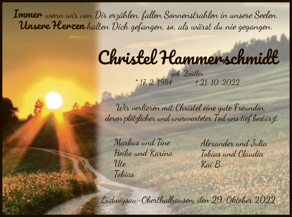  Traueranzeige für Christel Hammerschmidt vom 29.10.2022 aus HZ