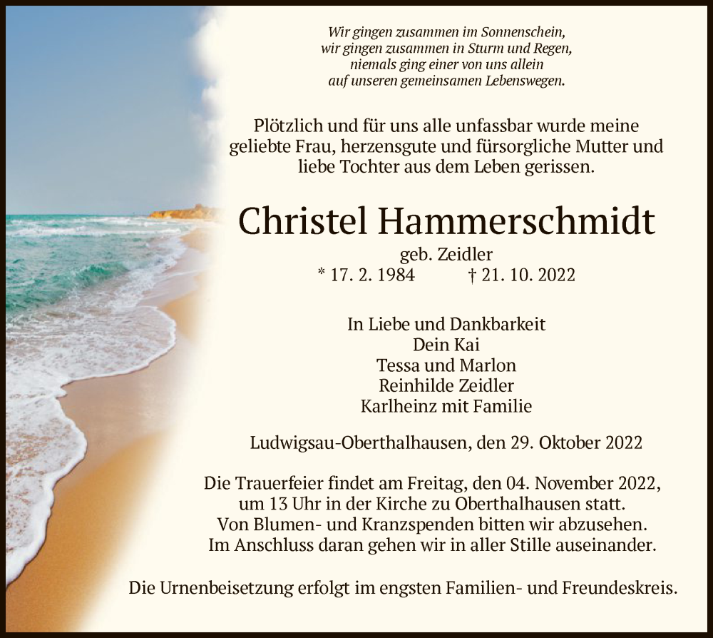  Traueranzeige für Christel Hammerschmidt vom 29.10.2022 aus HZ