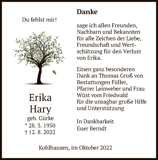 Traueranzeige von Erika Hary von HZ