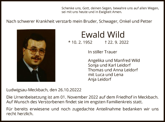 Traueranzeige von Ewald Wild von HZ