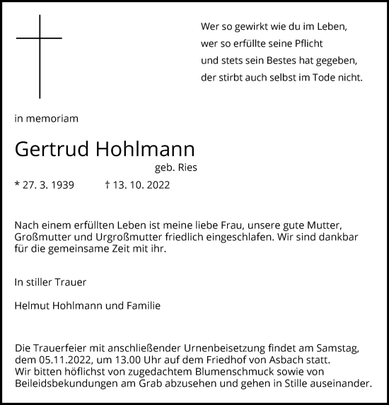 Traueranzeige von Gertrud Hohlmann von HZ
