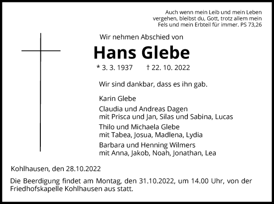 Traueranzeige von Hans Glebe von HZ