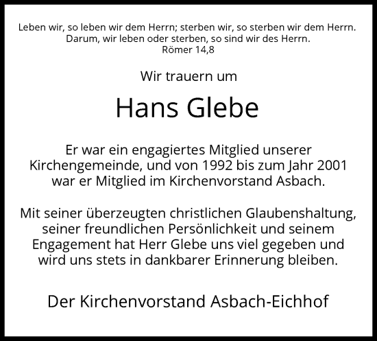 Traueranzeige von Hans Glebe von HZ