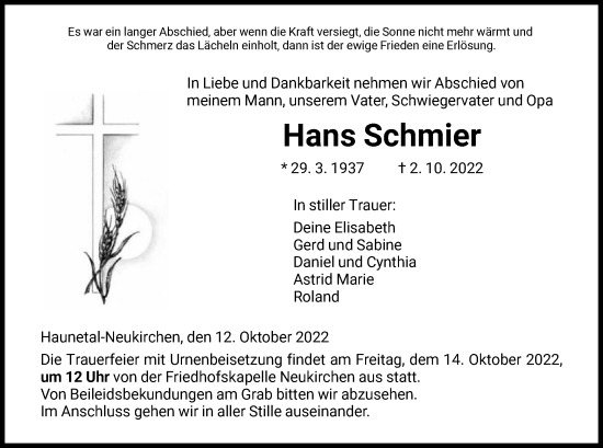 Traueranzeige von Hans Schmier von HZ