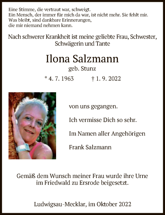 Traueranzeige von Ilona Salzmann von HZ