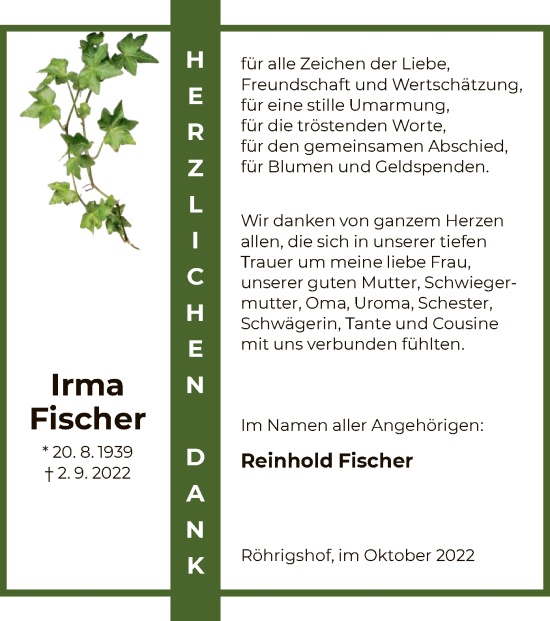 Traueranzeige von Irma Fischer von HZ