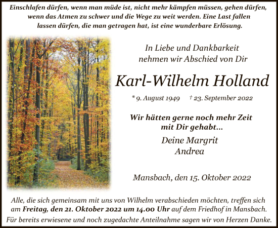 Traueranzeige von Karl-Wilhelm Holland von HZ