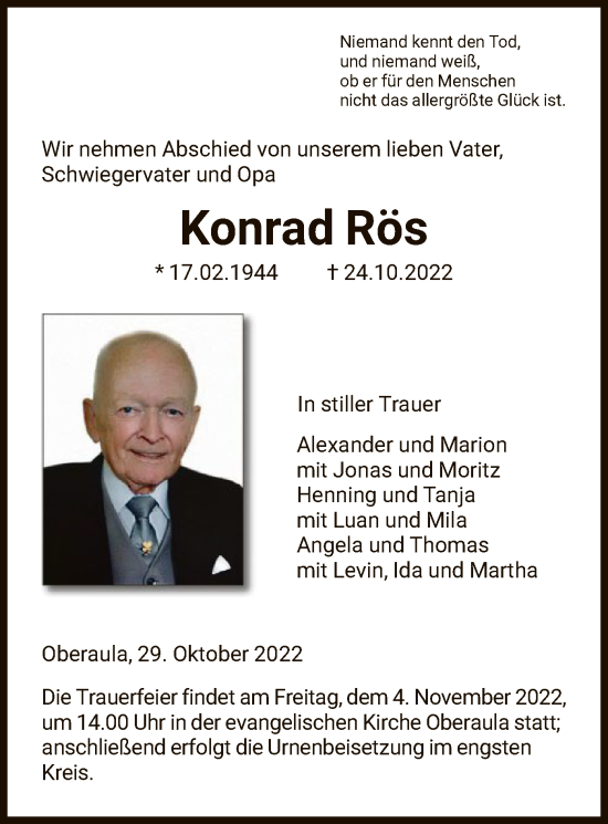 Traueranzeige von Konrad Rös von HNA