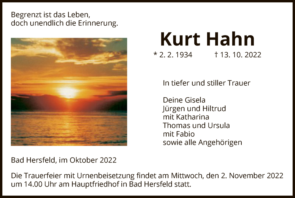  Traueranzeige für Kurt Hahn vom 29.10.2022 aus HZ