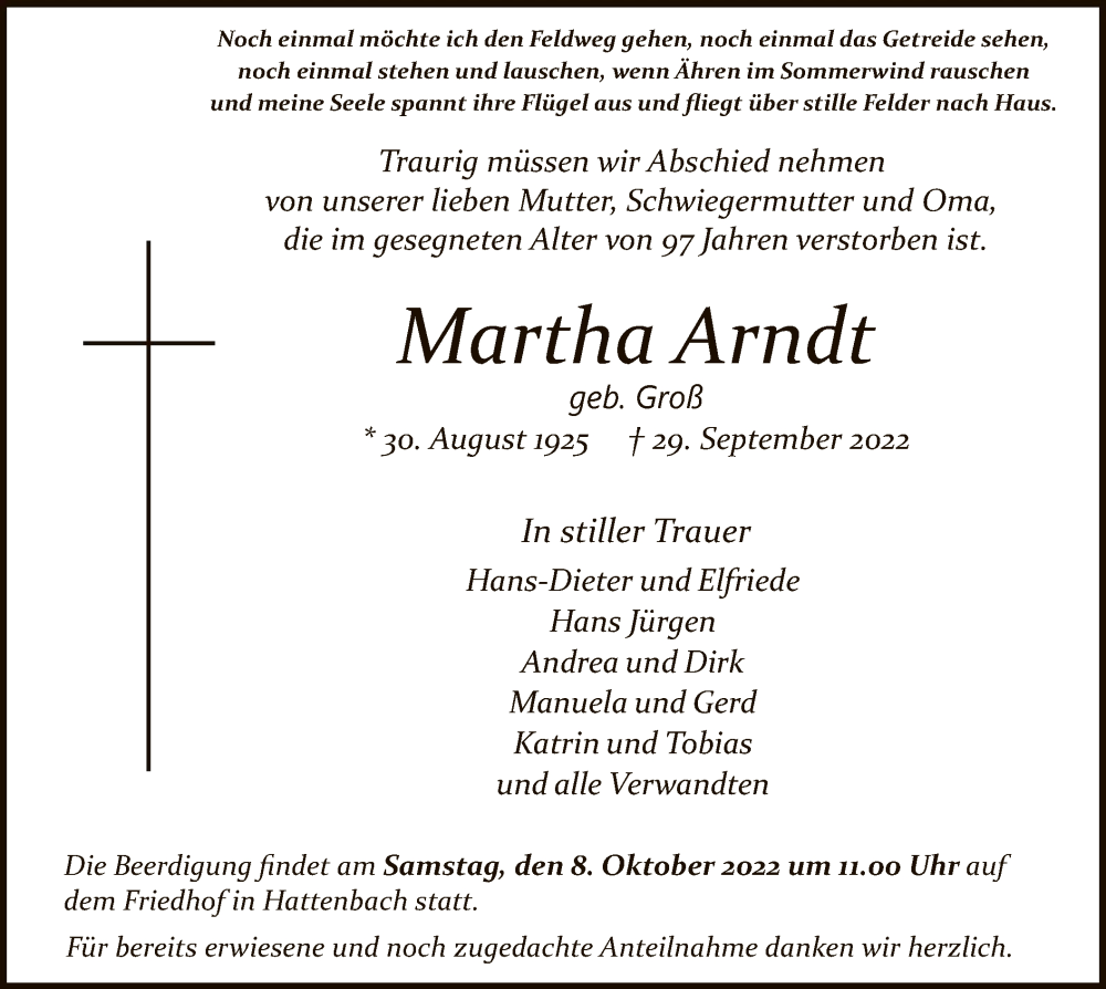  Traueranzeige für Martha Arndt vom 06.10.2022 aus HZ