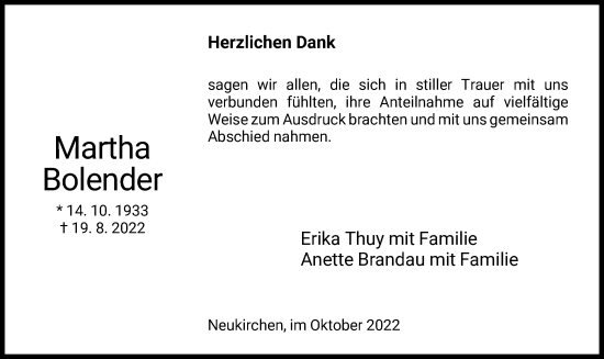 Traueranzeige von Martha Bolender von HZ