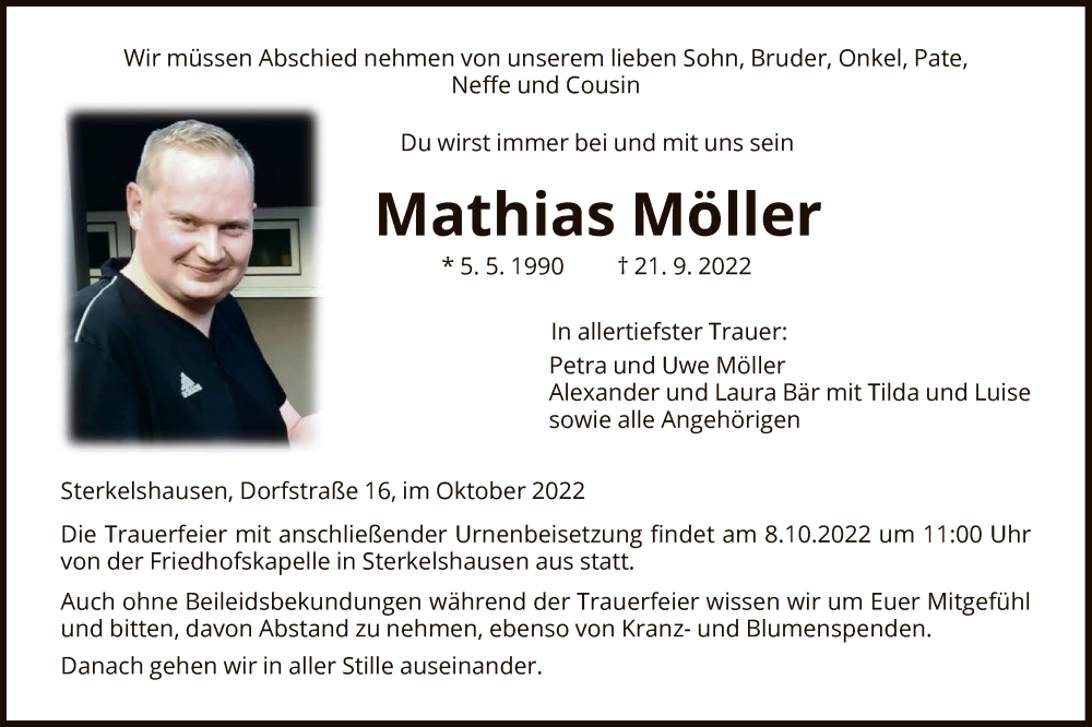  Traueranzeige für Mathias Möller vom 01.10.2022 aus HNA