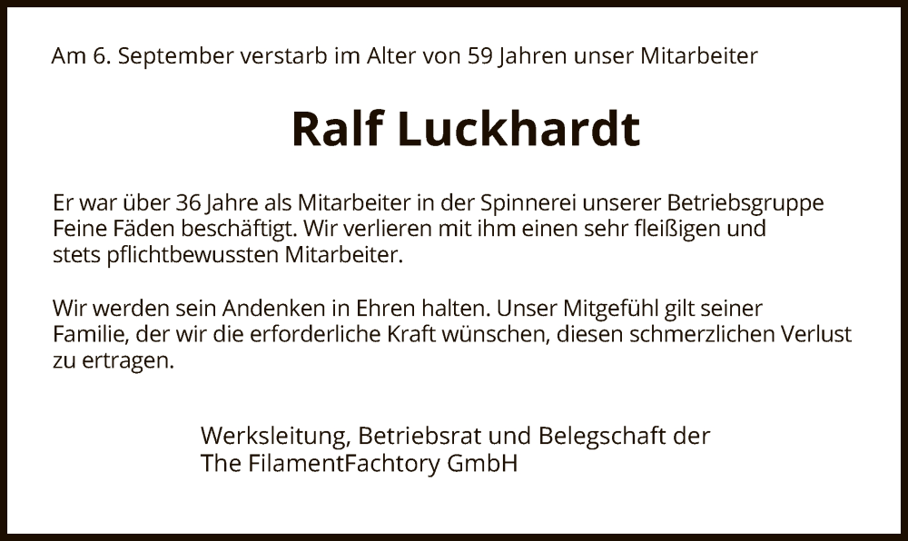  Traueranzeige für Ralf Luckhardt vom 01.10.2022 aus HZ
