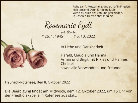 Traueranzeige von Rosemarie Eydt von HZ