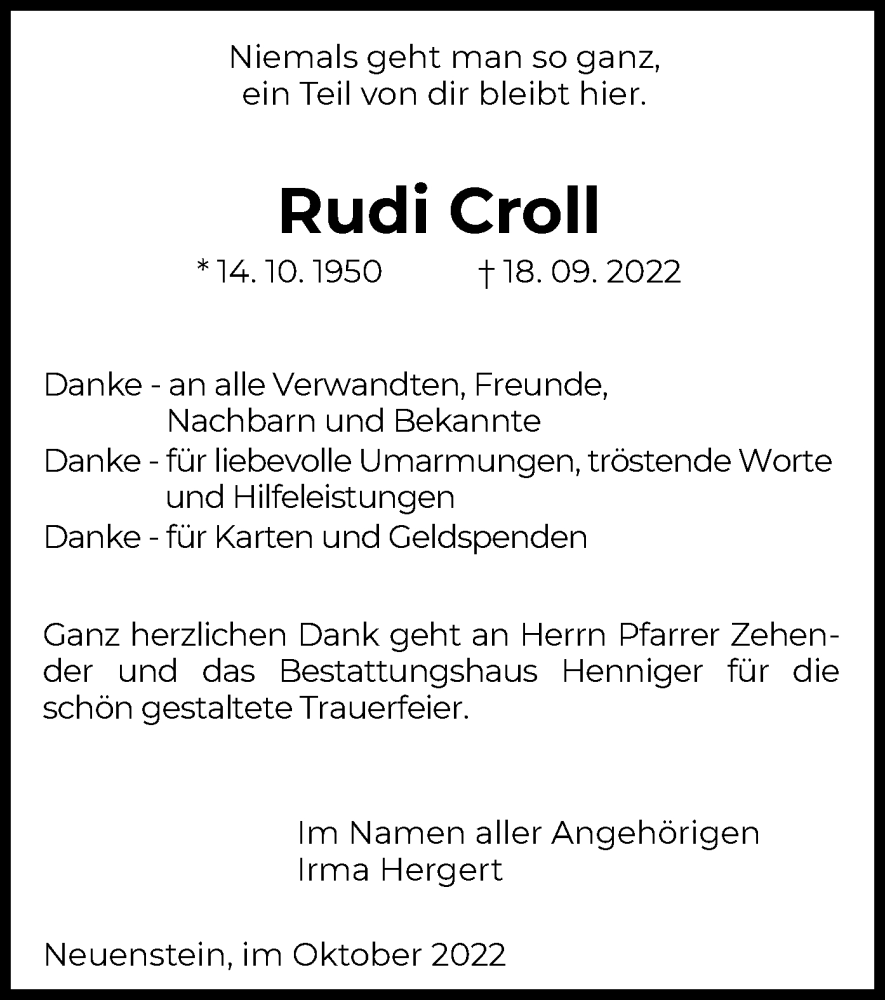  Traueranzeige für Rudi Croll vom 15.10.2022 aus HZ