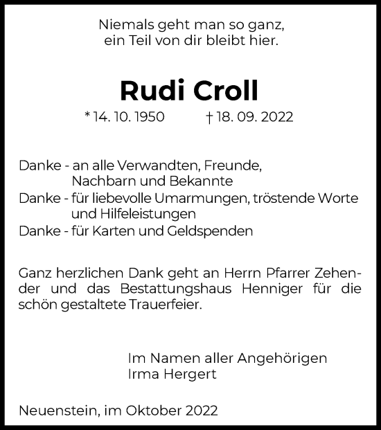 Traueranzeige von Rudi Croll von HZ