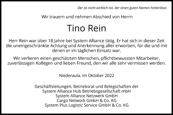 Traueranzeige von Tino Rein von HZ