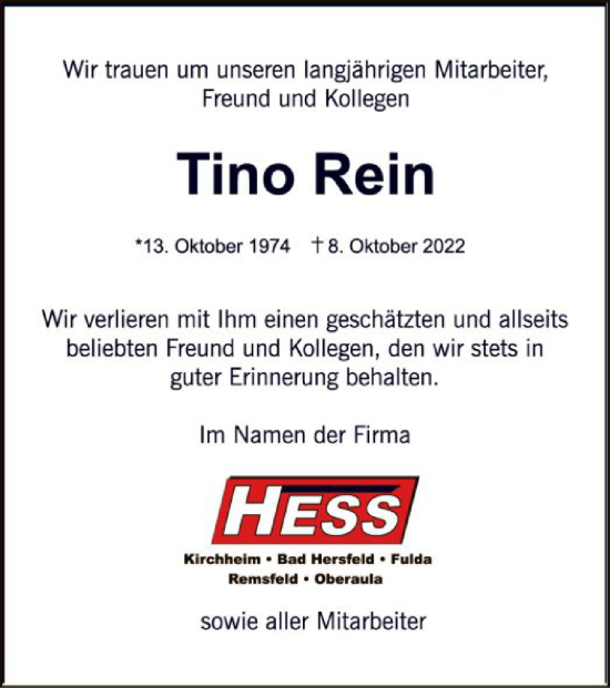 Traueranzeige von Tino Rein von HZ