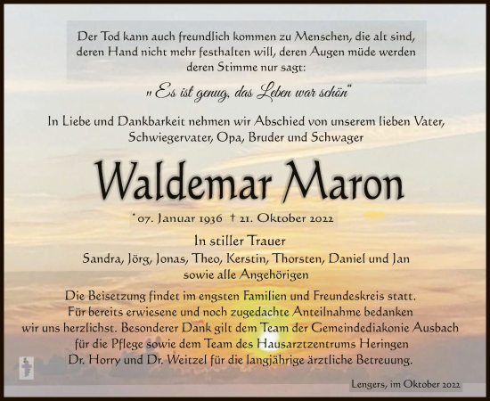 Traueranzeige von Waldemar Maron von HZ