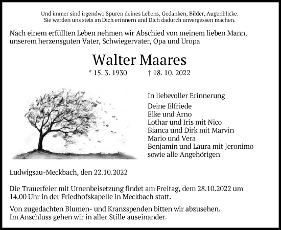 Traueranzeige von Walter Maares von HZ