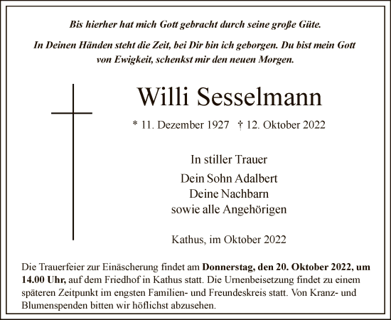 Traueranzeige von Willi Sesselmann von HZ