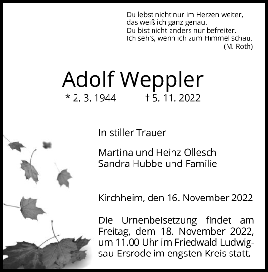 Traueranzeige von Adolf Weppler von HZ