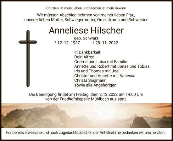 Traueranzeige von Anneliese Hilscher von HZ