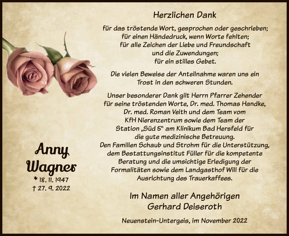  Traueranzeige für Anny Wagner vom 05.11.2022 aus HZ
