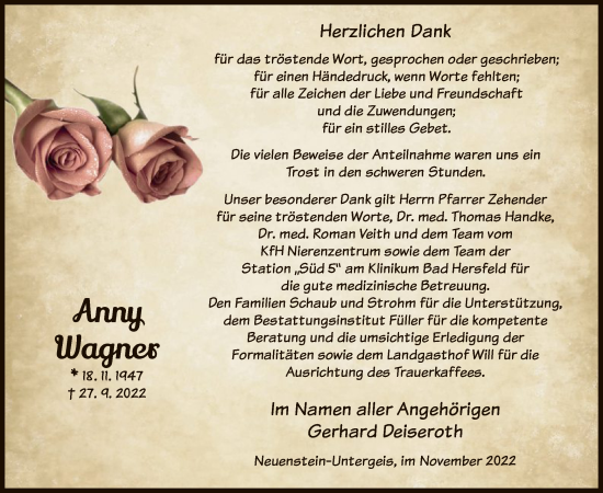 Traueranzeige von Anny Wagner von HZ