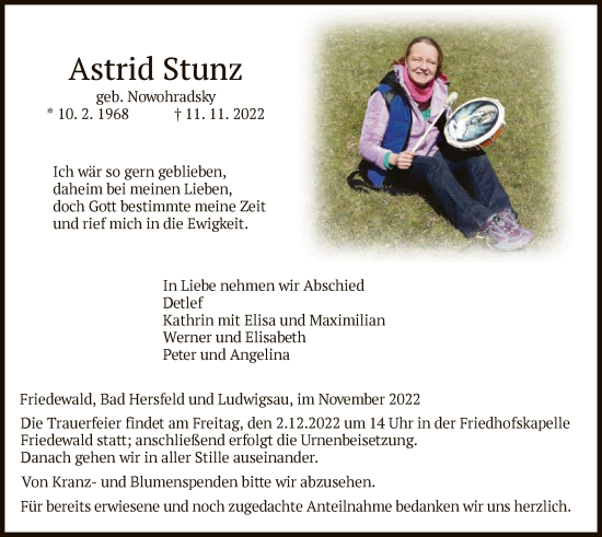 Traueranzeige von Astrid Stunz von HZ