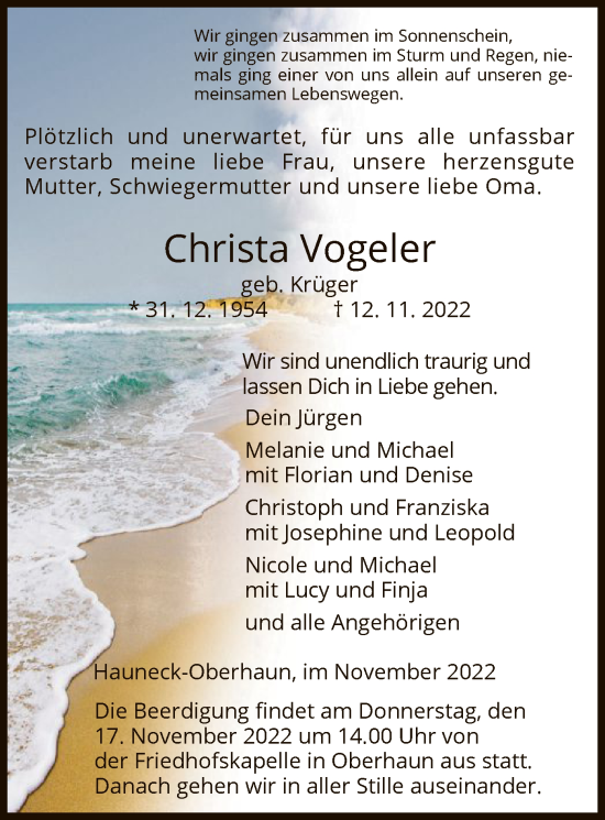 Traueranzeige von Christa Vogeler von HZ