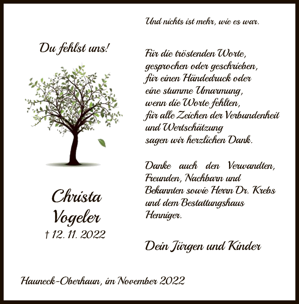 Traueranzeige für Christa Vogeler vom 26.11.2022 aus HZ