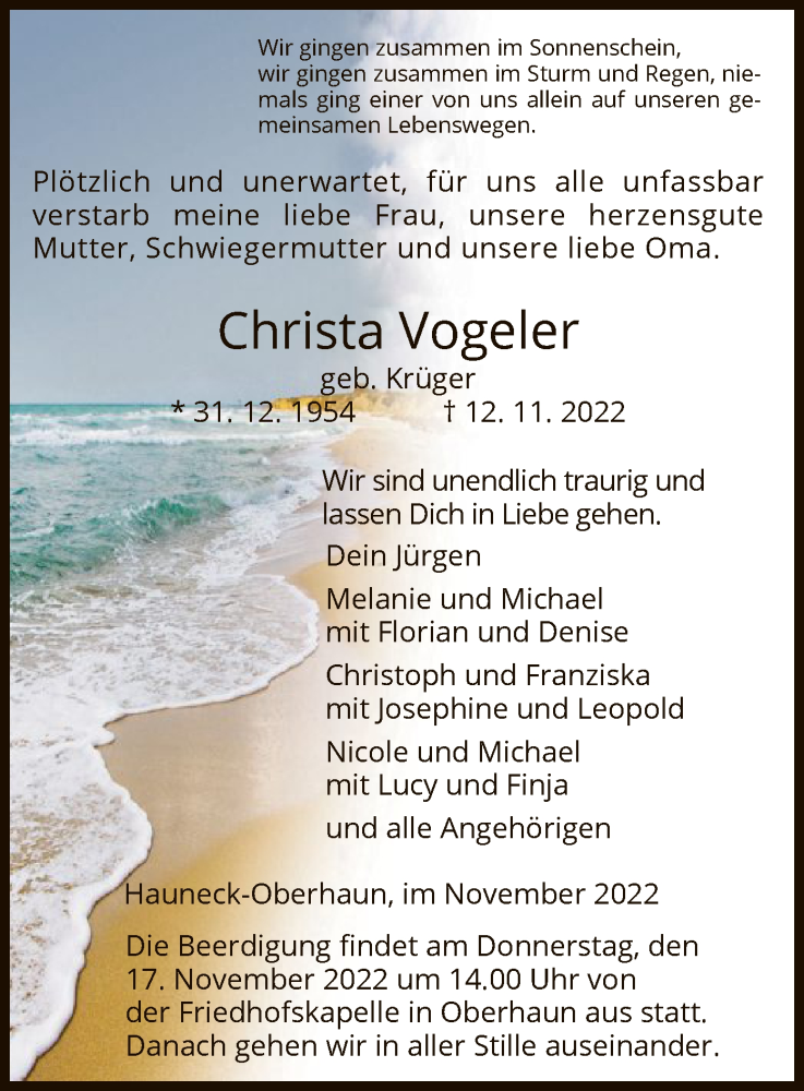  Traueranzeige für Christa Vogeler vom 15.11.2022 aus HZ