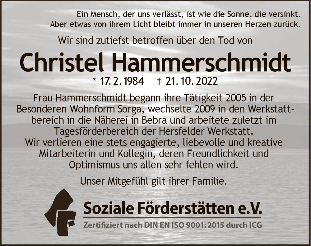  Traueranzeige für Christel Hammerschmidt vom 04.11.2022 aus HZ