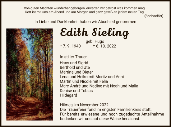 Traueranzeige von Edith Sieling von HZ