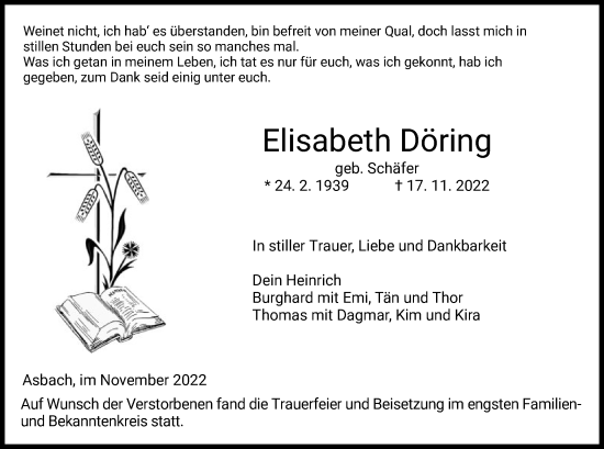 Traueranzeige von Elisabeth Döring von HZ