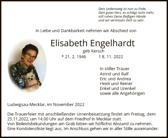 Traueranzeige von Elisabeth Engelhardt von HZ