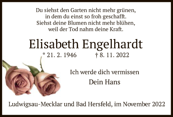 Traueranzeige von Elisabeth Engelhardt von HZ