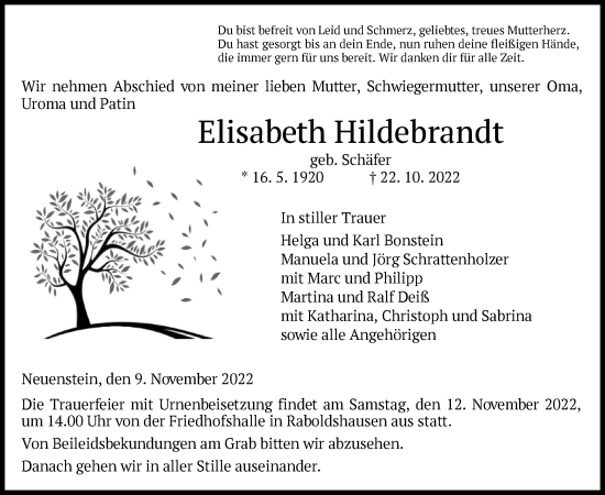 Traueranzeige von Elisabeth Hildebrandt von HZ