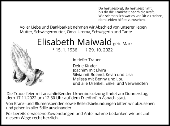Traueranzeige von Elisabeth Maiwald von HZ