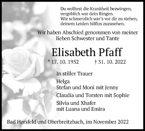 Traueranzeige von Elisabeth Pfaff von HZ