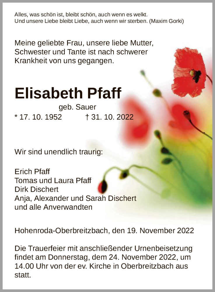  Traueranzeige für Elisabeth Pfaff vom 19.11.2022 aus HZ